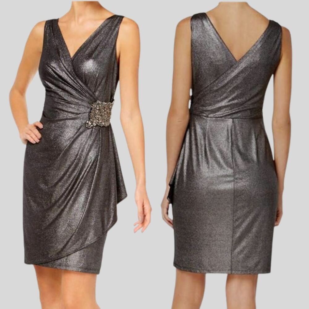 CALVIN KLEIN Women's Faux Wrap Cocktail Dress Metallic Black Size 4
